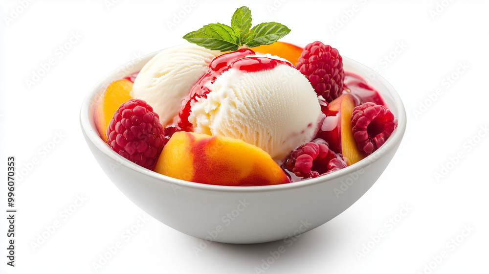 A bowl of ice cream, peaches, and raspberries, garnished with mint and drizzled with raspberry syrup. The fresh fruits combined with creamy ice cream create a perfect dessert A bowl of ice cream, peaches, and raspberries, garnished with mint and drizzled with raspberry syrup. The fresh fruits combined with creamy ice cream create a perfect dessert