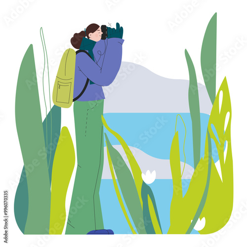 Cheerful female hiking and taking a picture on nature background. Hiking outdoor adventure, active tourist, trekking and backpacking. Modern flat vector illustration.