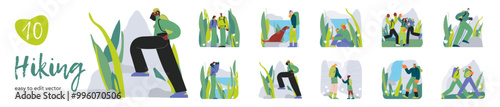 Hiking collection. Cheerful females and males hiking, perform different activities on nature background. Hiking outdoor adventure, active tourists, trekking and backpacking. Vector illustration.