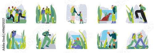 Hiking collection. Cheerful females and males hiking, perform different activities on nature background. Hiking outdoor adventure, active tourists, trekking and backpacking. Vector illustration.