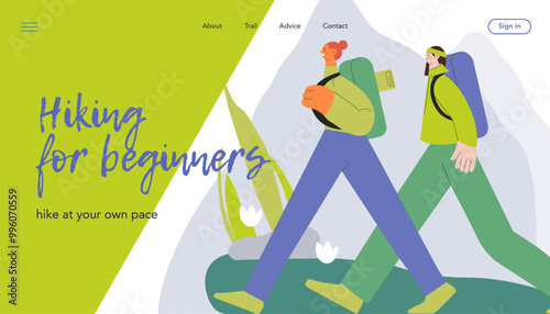 Females hiking on nature background. Friends together. Hiking outdoor adventure, active tourist, trekking and backpacking. Vector illustration. Hiking for beginners. Landing page, website banner.