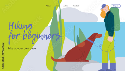Cheerful female with dog on leash on nature background. Hiking outdoor adventure, tourists, trekking and backpacking. Modern vector illustration. Hiking for beginners. Landing page, website banner.