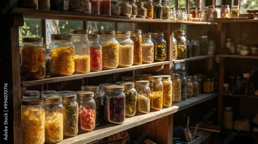 Sunlit shelves of preserved goods in glass jars Sunlit shelves of preserved goods in glass jars
