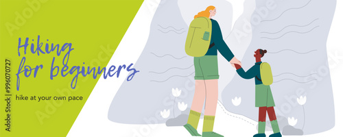 Female and kid holding their hands on nature background. Mother and daughter or sisters concept. Hiking outdoor adventure, active tourists, trekking, backpacking. Vector illustration. Website banner.