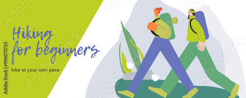 Females hiking on nature background. Friends together. Hiking outdoor adventure, active tourist, trekking and backpacking. Vector illustration. Hiking for beginners. Landing page, website banner.