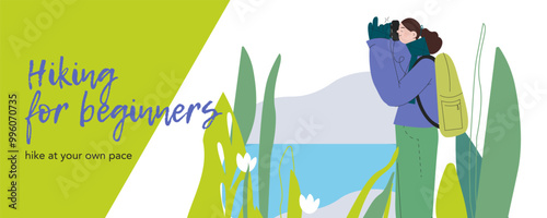 Cheerful female hiking and taking a picture on nature background. Hiking outdoor adventure, tourist, trekking and backpacking. Vector illustration. Hiking for beginners. Landing page, website banner.
