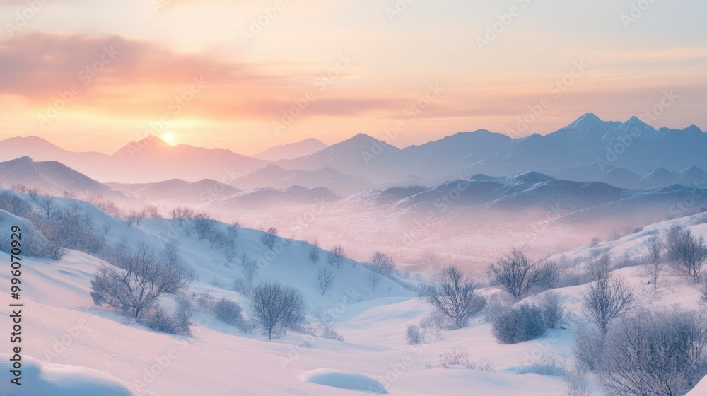 A scenic view of a snowy valley with distant mountains, the sky filled with soft pastel colors as the sun begins to rise. A scenic view of a snowy valley with distant mountains, the sky filled with soft pastel colors as the sun begins to rise.