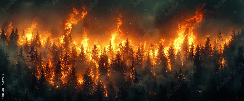 Burning forest in the woods, with thick smoke and flames engulfing the trees. Natural disaster.