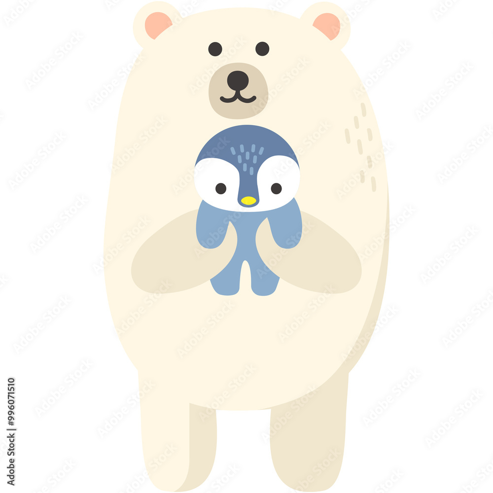 A polar bear is hugging a penguin chick.