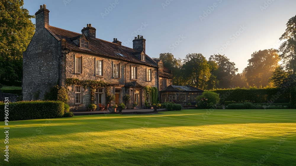 Bright morning light on a rustic stone mansion with dew-kissed lawn and illuminated windows, highlighting architectural beauty in a picturesque countryside estate. Bright morning light on a rustic stone mansion with dew-kissed lawn and illuminated windows, highlighting architectural beauty in a picturesque countryside estate.