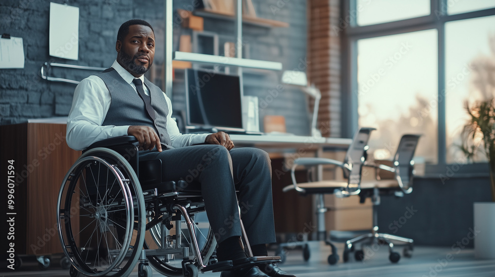 A professional photo of a middle-aged African-american man in a wheelchair works his office A professional photo of a middle-aged African-american man in a wheelchair works his office