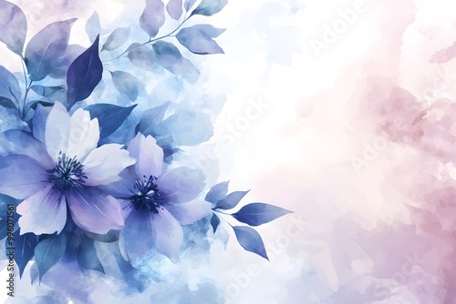 Abstract watercolor painting with blue and purple flowers on a background. 