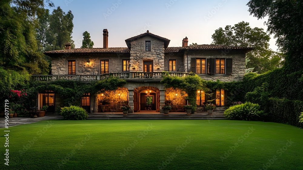 Bright morning light on a rustic stone mansion with dew-kissed lawn and illuminated windows, highlighting architectural beauty in a picturesque countryside estate. Bright morning light on a rustic stone mansion with dew-kissed lawn and illuminated windows, highlighting architectural beauty in a picturesque countryside estate.