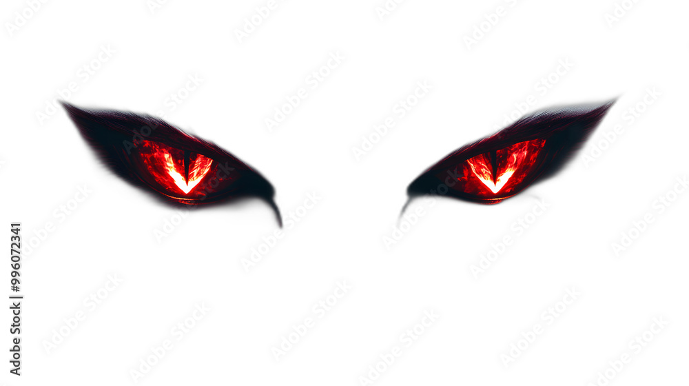 A pair of glowing red demon eyes staring directly forward isolated on a plain white background A pair of glowing red demon eyes staring directly forward isolated on a plain white background
