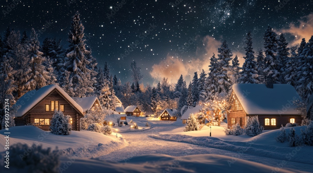 A serene mountain landscape under a starry night sky. Cozy cabin glows warmly on winter mountain background. A serene mountain landscape under a starry night sky. Cozy cabin glows warmly on winter mountain background.