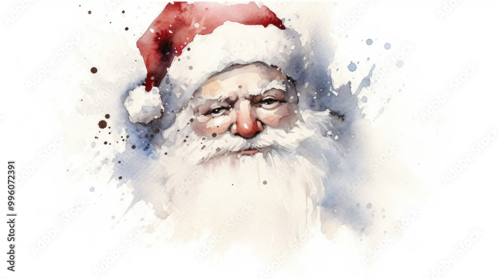 Watercolor of Santa Claus face on a light gray background