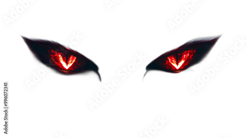 A pair of glowing red demon eyes staring directly forward isolated on a plain white background