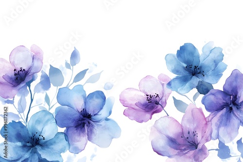 Abstract watercolor painting with blue and purple flowers on a background. 