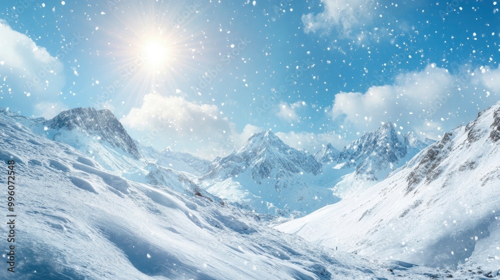 A scenic view of snow-draped mountains with a bright sun shining overhead, creating a magical contrast. A scenic view of snow-draped mountains with a bright sun shining overhead, creating a magical contrast.