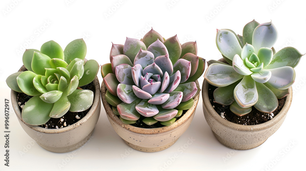 Green plants in cement concrete and white pots, colored succulents, stand on a white table and shelf Green plants in cement concrete and white pots, colored succulents, stand on a white table and shelf