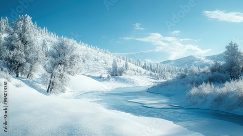 A scenic view of snow-covered hills rolling under a deep blue winter sky, with trees dusted in white and a frozen river winding through.