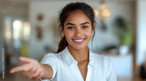 Smiling Woman Reaching Out with a Welcoming Gesture