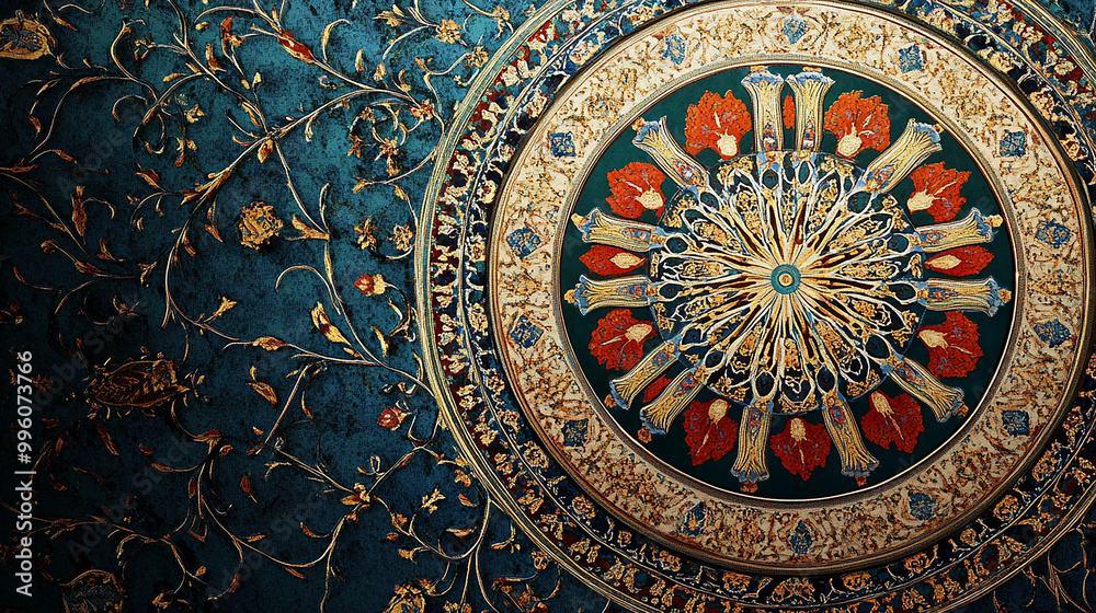 A close-up of a ornate, circular ceiling design with intricate patterns and floral motifs in gold, red, and blue. A close-up of a ornate, circular ceiling design with intricate patterns and floral motifs in gold, red, and blue.