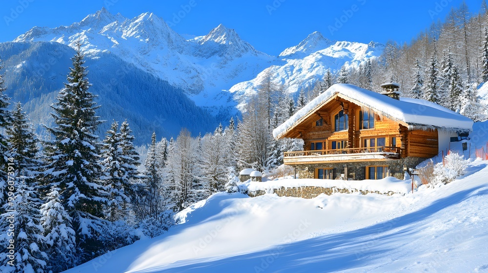 Bright winter landscape with sunlit snow-covered chalet and evergreen forest, creating a picturesque ski resort scene with rustic wooden architecture and winter wonderland. Bright winter landscape with sunlit snow-covered chalet and evergreen forest, creating a picturesque ski resort scene with rustic wooden architecture and winter wonderland.