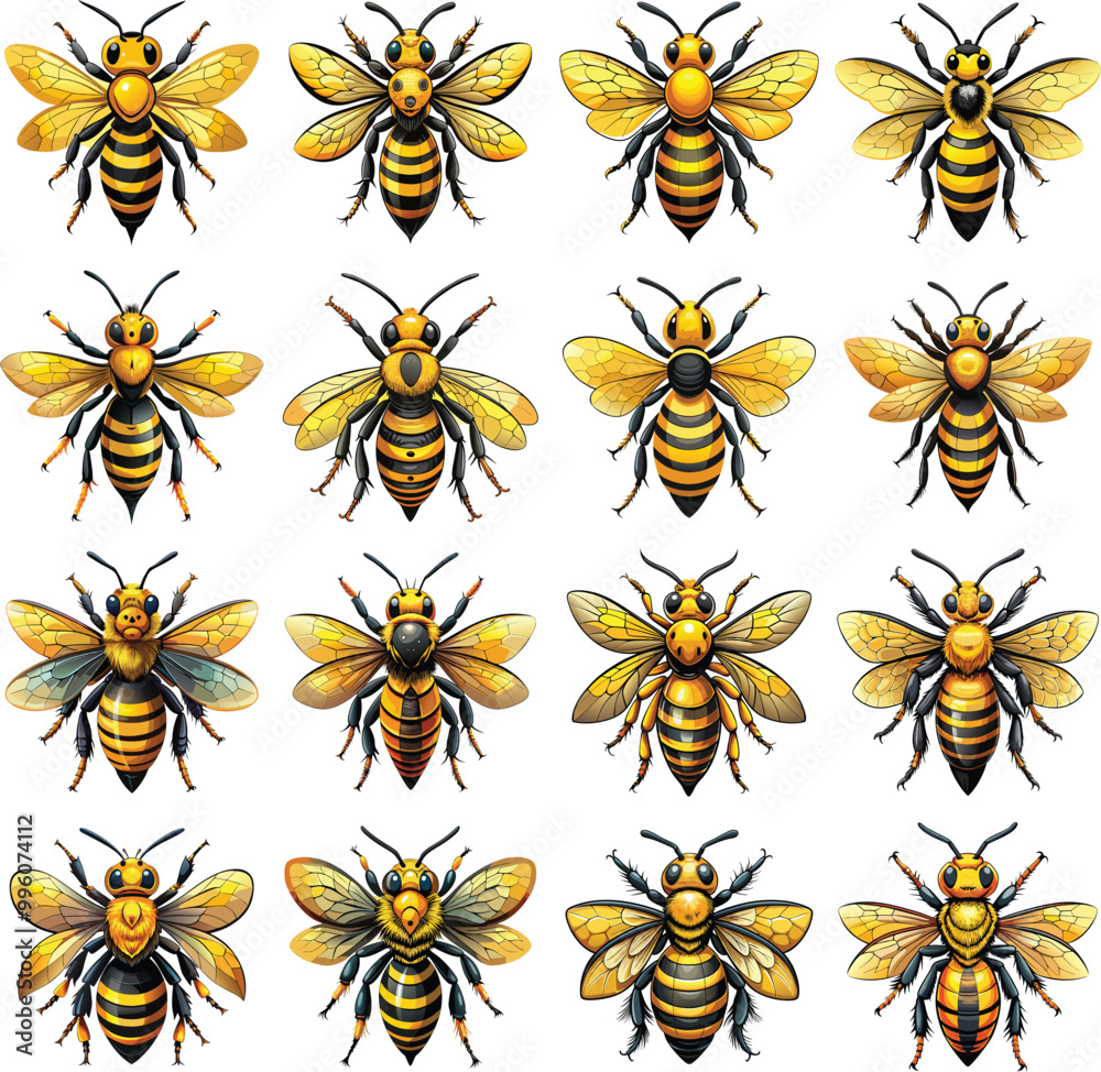Highly detailed bee illustration transparent background icons set vector art. Highly detailed bee illustration transparent background icons set vector art.