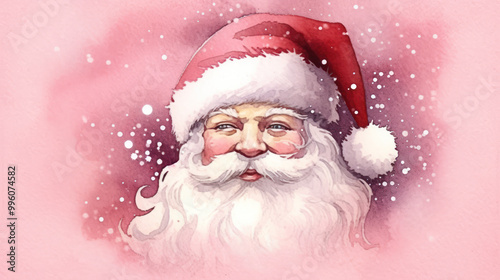 Watercolor of Santa Claus face on a pink background