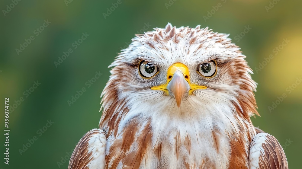 Obraz premium Close-up of a hawk with intense gaze, showcasing detailed feathers and vibrant colors.