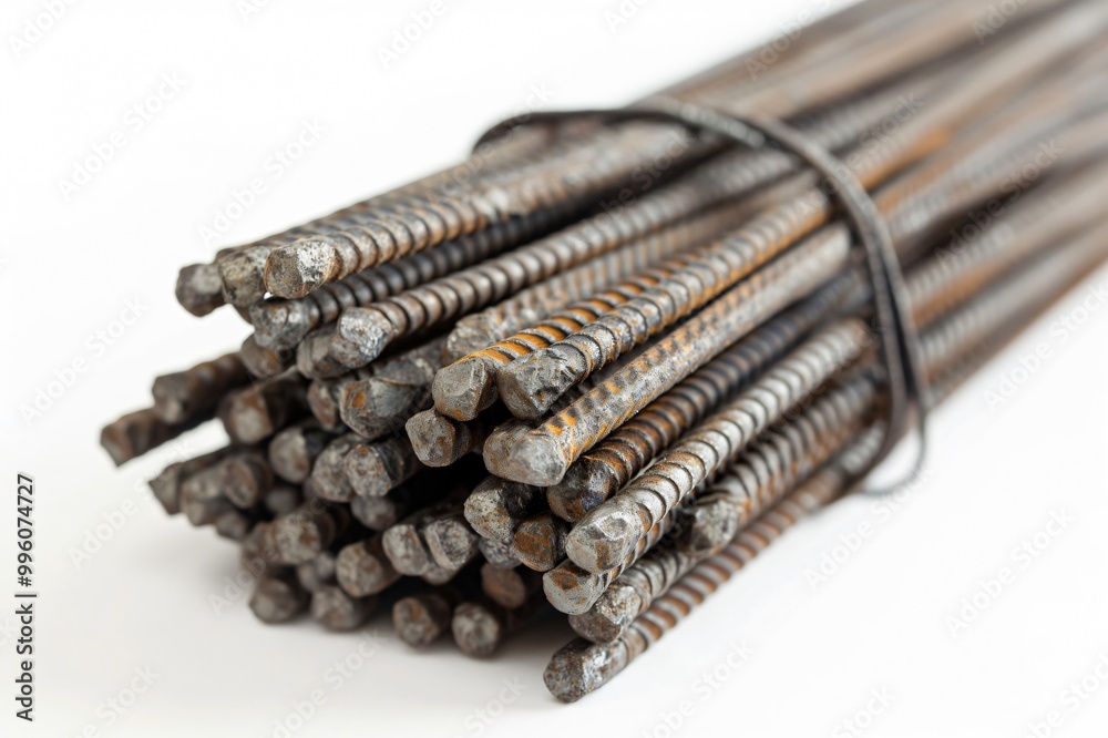 Close up of steel rebar tied together, showing signs of rust and wear, on a white background Close up of steel rebar tied together, showing signs of rust and wear, on a white background