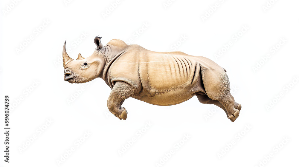 Fototapeta premium Cute rhinoceros floating in the sky against a white background, showcasing a whimsical and surreal depiction of wildlife in a dreamlike setting.