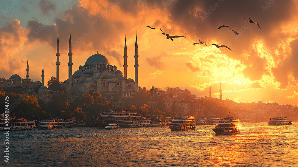 Obraz premium A dramatic sunset casts a golden glow over the iconic mosque in Istanbul, with birds flying overhead and boats in the foreground.