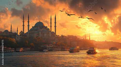 Fototapeta Naklejka Na Ścianę i Meble -  A dramatic sunset casts a golden glow over the iconic mosque in Istanbul, with birds flying overhead and boats in the foreground.