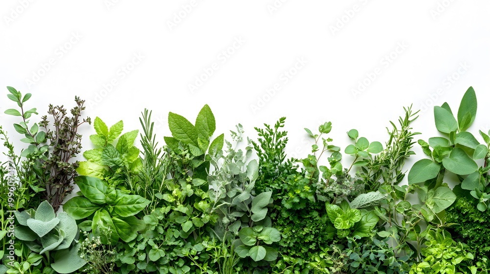 Diverse herbs and plants in a horizontal line, highlighting vibrant green foliage, various textures, and leaf shapes in a crisp, botanical illustration style on white background. Diverse herbs and plants in a horizontal line, highlighting vibrant green foliage, various textures, and leaf shapes in a crisp, botanical illustration style on white background.