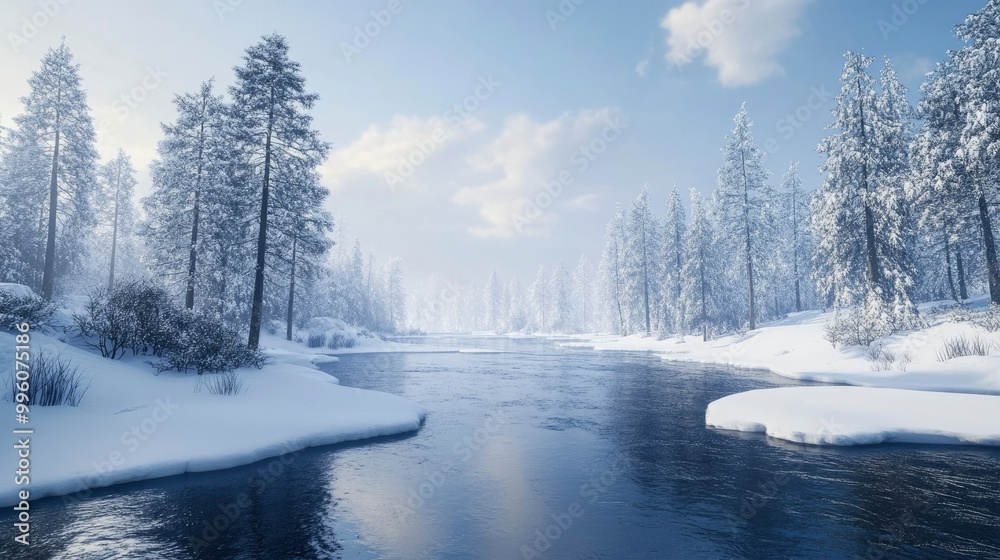 A scenic winter landscape featuring a river partially frozen, surrounded by snow-laden trees. A scenic winter landscape featuring a river partially frozen, surrounded by snow-laden trees.