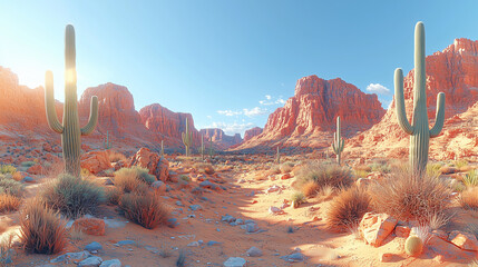 Acrylglasbilder Blau Desert landscape with towering cacti and red rocks  © Just1