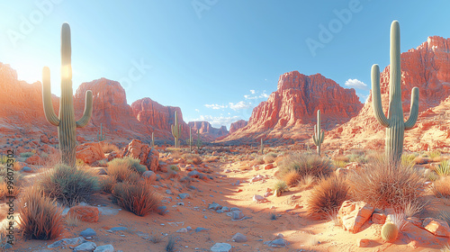 Desert landscape with towering cacti and red rocks