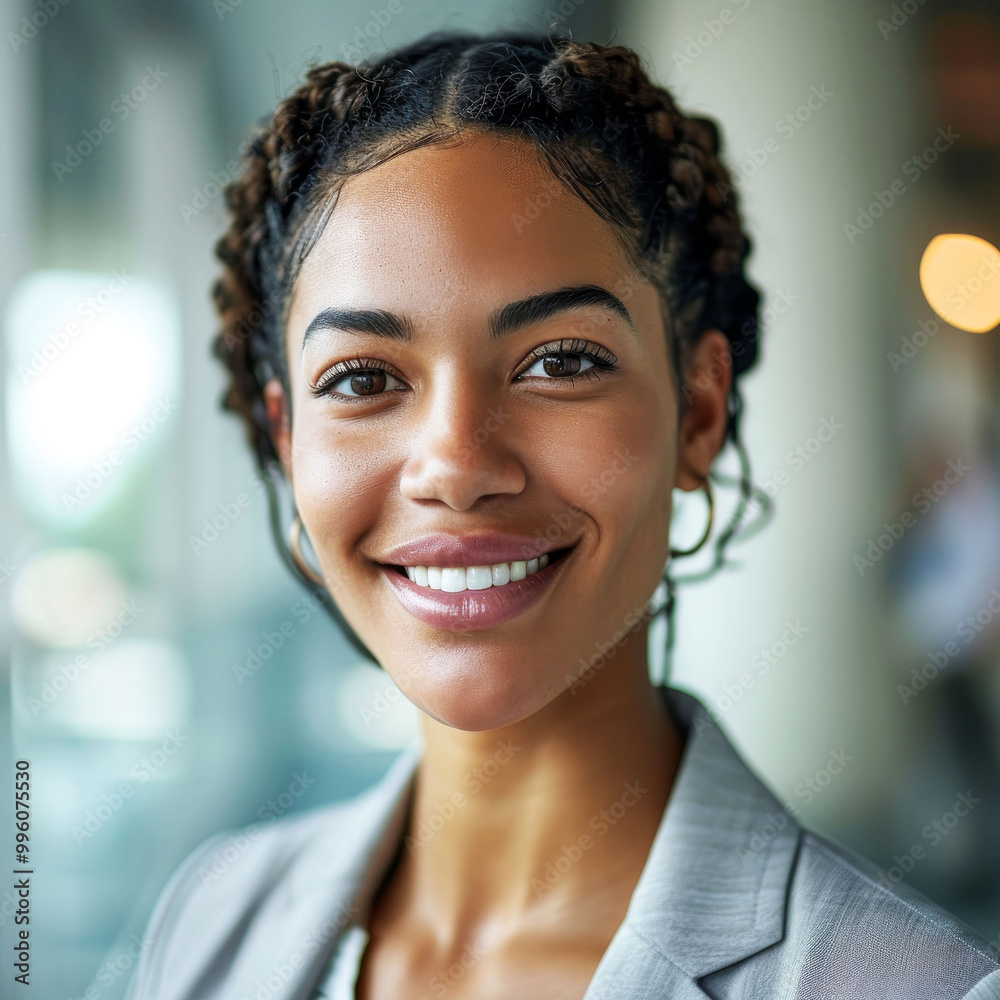 Fototapeta premium Close-up portrait of cheerful businesswoman in office setting