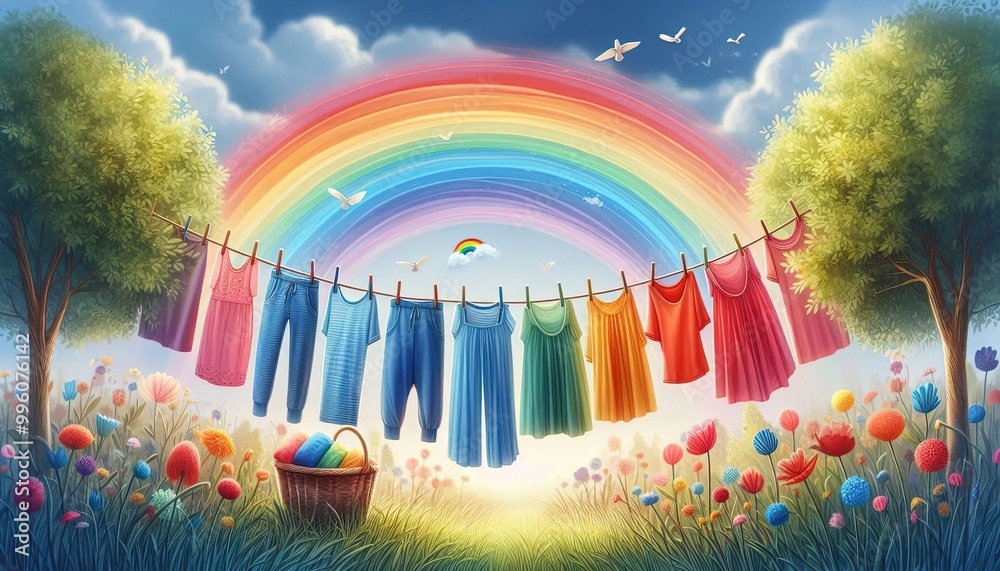 Obraz premium Rainbow Cloths Hanging in a Meadow.