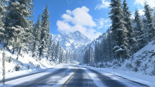 A scenic winter road curving through a snowy mountain pass, with tall evergreen trees framing the icy path and a bright blue sky above.