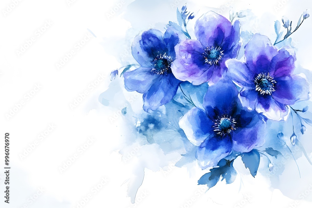 Fototapeta premium Abstract watercolor painting with blue and purple flowers on a background. 
