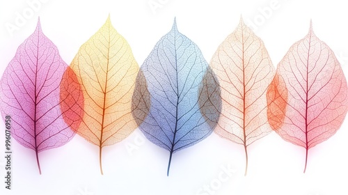 Five colorful translucent leaves arranged in a row on a white background.