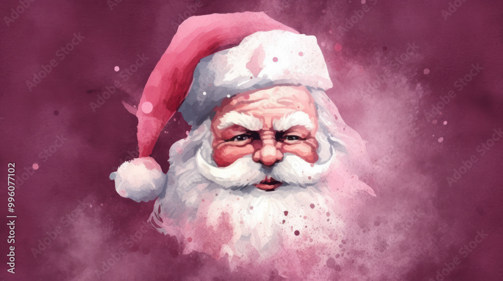 Obraz premium Watercolor of Santa Claus face on a dark pink background