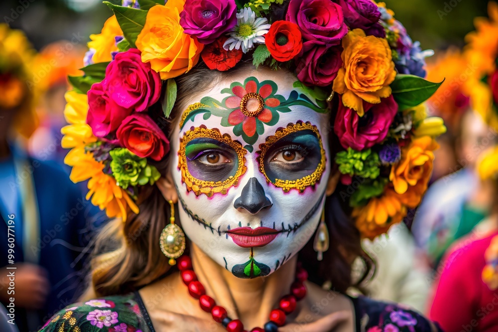 Dia de los muertos. Beautiful woman with sugar skull makeup and floral wreath celebrating Day of The Dead Dia de los muertos. Beautiful woman with sugar skull makeup and floral wreath celebrating Day of The Dead