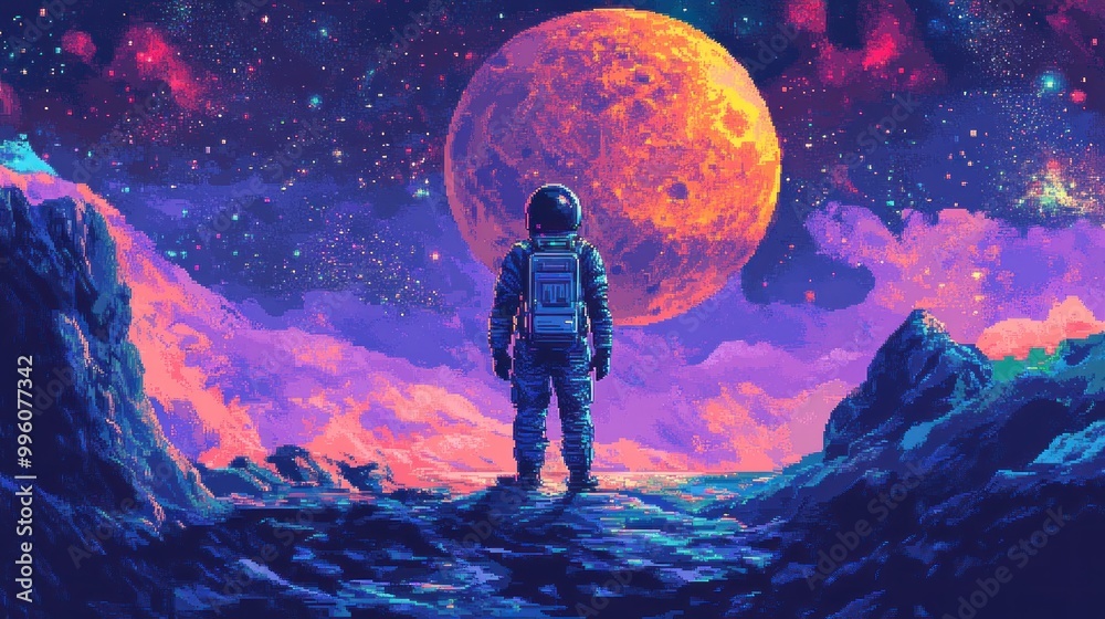 Astronaut in a Pixelated Landscape with a Large Red Planet Astronaut in a Pixelated Landscape with a Large Red Planet