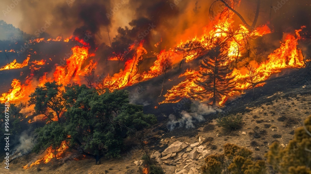 Forest on fire with flames and smoke filling the air representing the severe fires caused by climate change Forest on fire with flames and smoke filling the air representing the severe fires caused by climate change