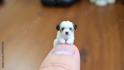 Tiny Puppy Sitting on Finger  Small Dog  White Fur  Cute Pet