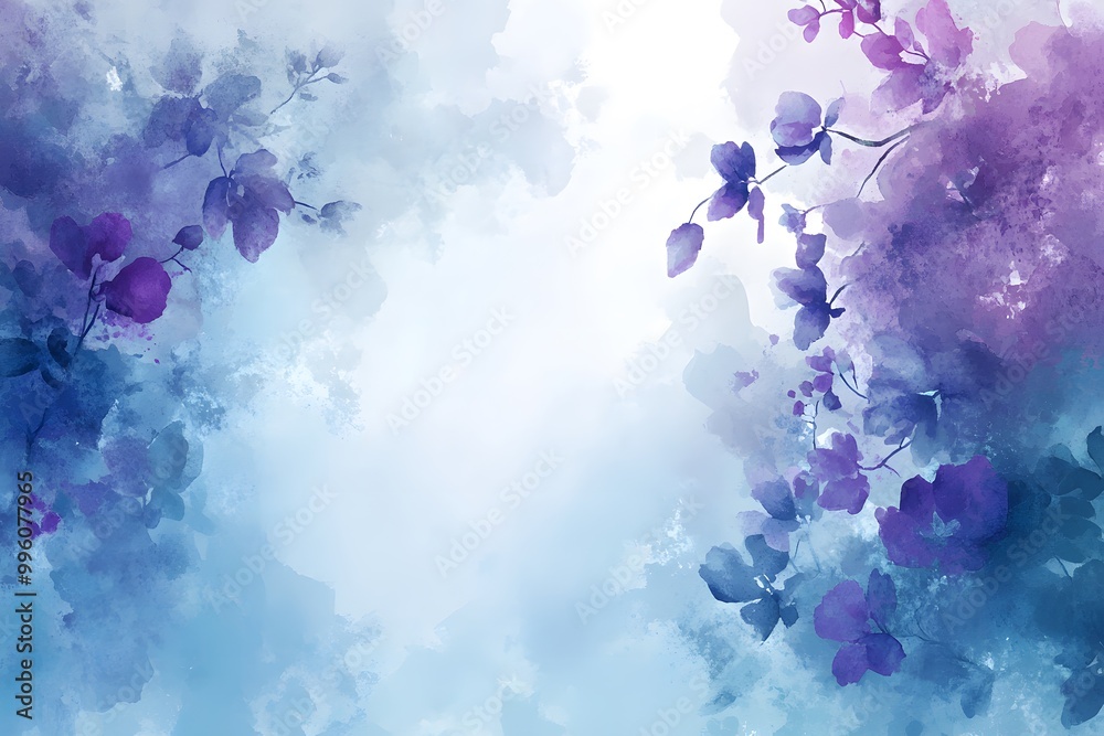 Obraz premium Abstract watercolor painting with blue and purple flowers on a background.